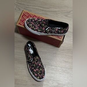 Vans Black Slip-On Sneakers with Pink Floral Pattern